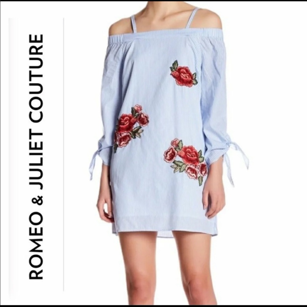 Romeo + Juliet Couture White & Blue Striped Embroidered Dress